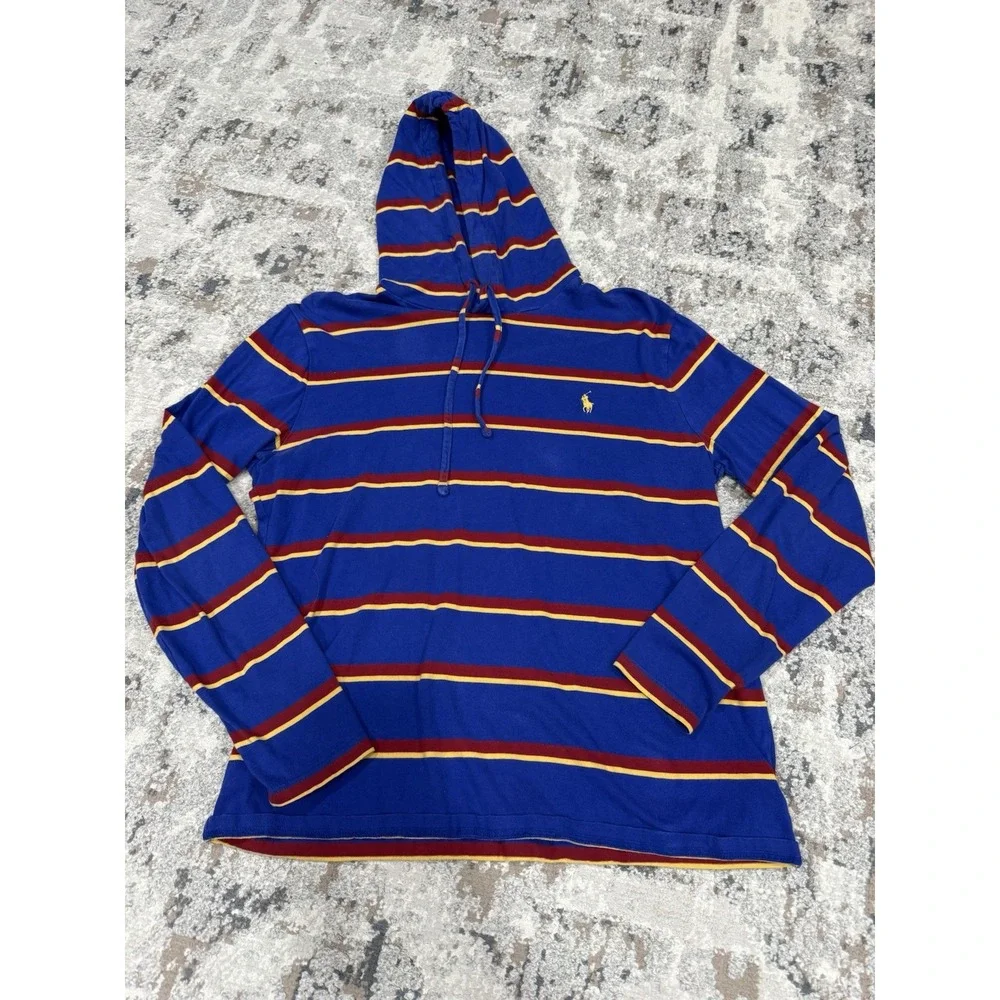 Polo Ralph Lauren Hoodie Long Sleeve Blue Red Yellow Stripe Hooded Tee Shirt Med
